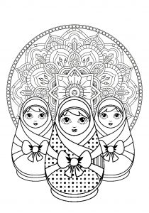 Three Russian dolls with beautiful Mandala in background